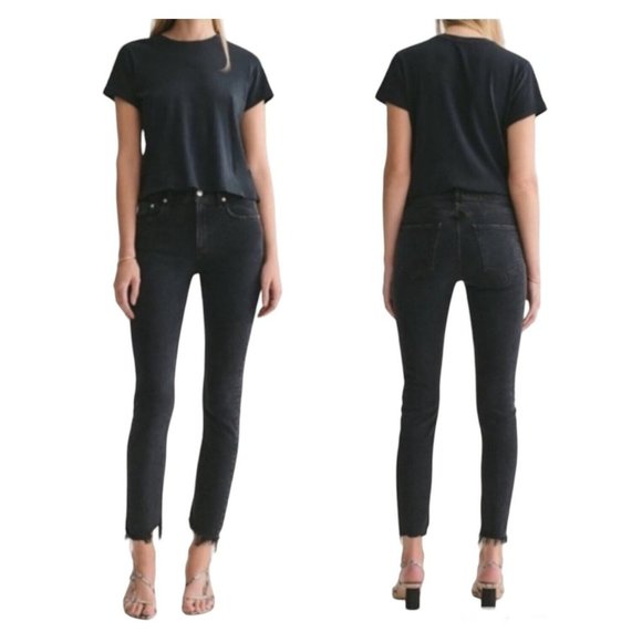 NEW AGOLDE Jeans Toni Mid Rise Straight Leg Raw Hem in Black Feral Wash Size 32 - Picture 3 of 12